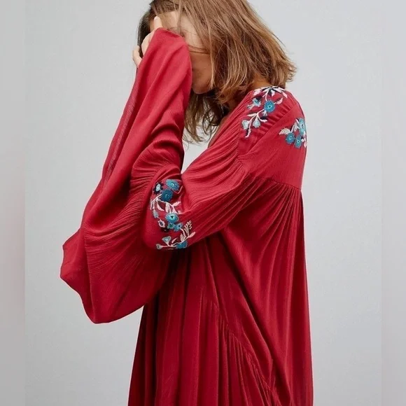 free people te amo mini dress Free People Te Amo Red Embroidered Babydoll Mini Dress Sz Large Women